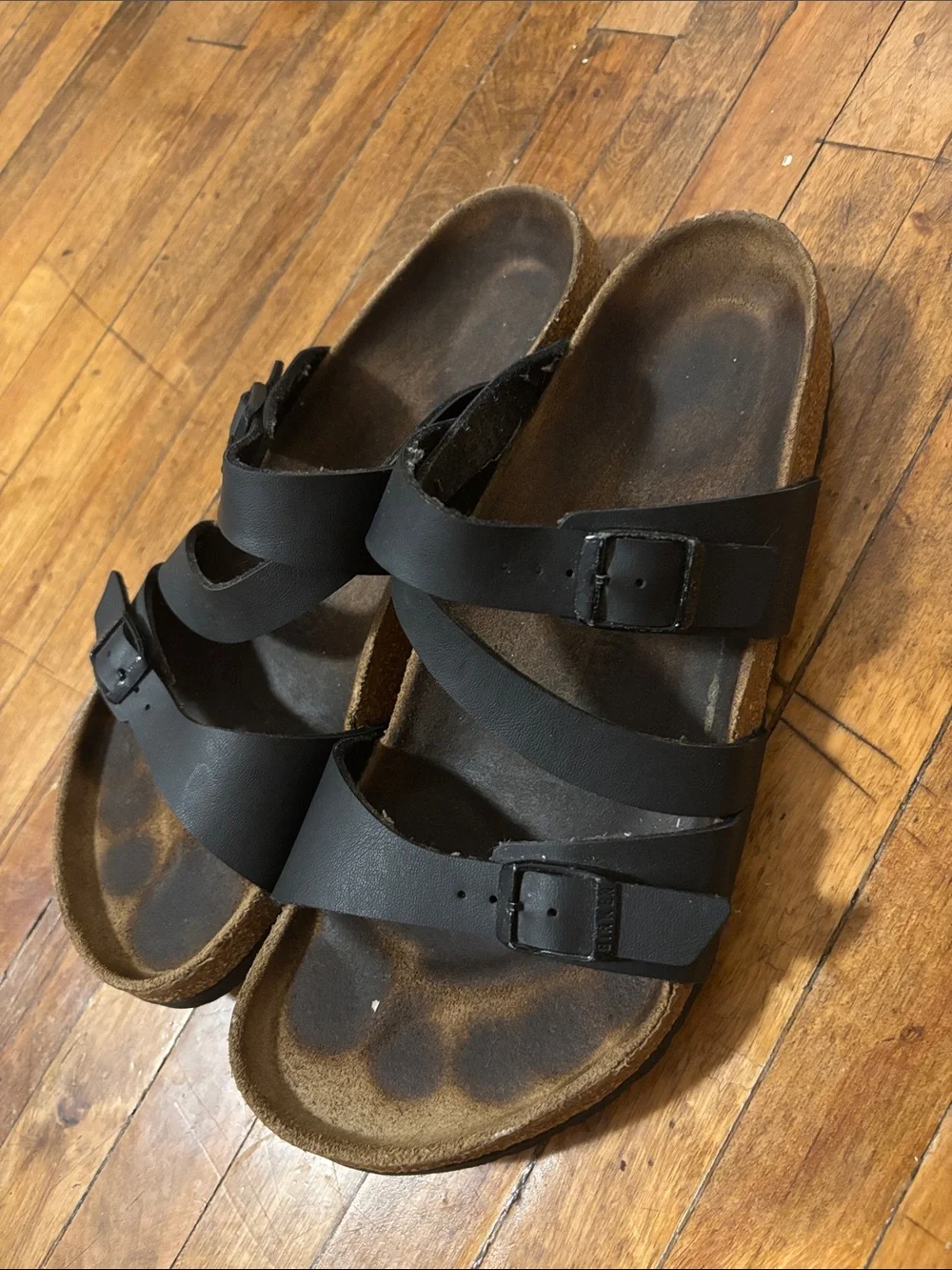 Birkenstock Men's Triple-Strap Slide Sandals in Black and Brown Footbed